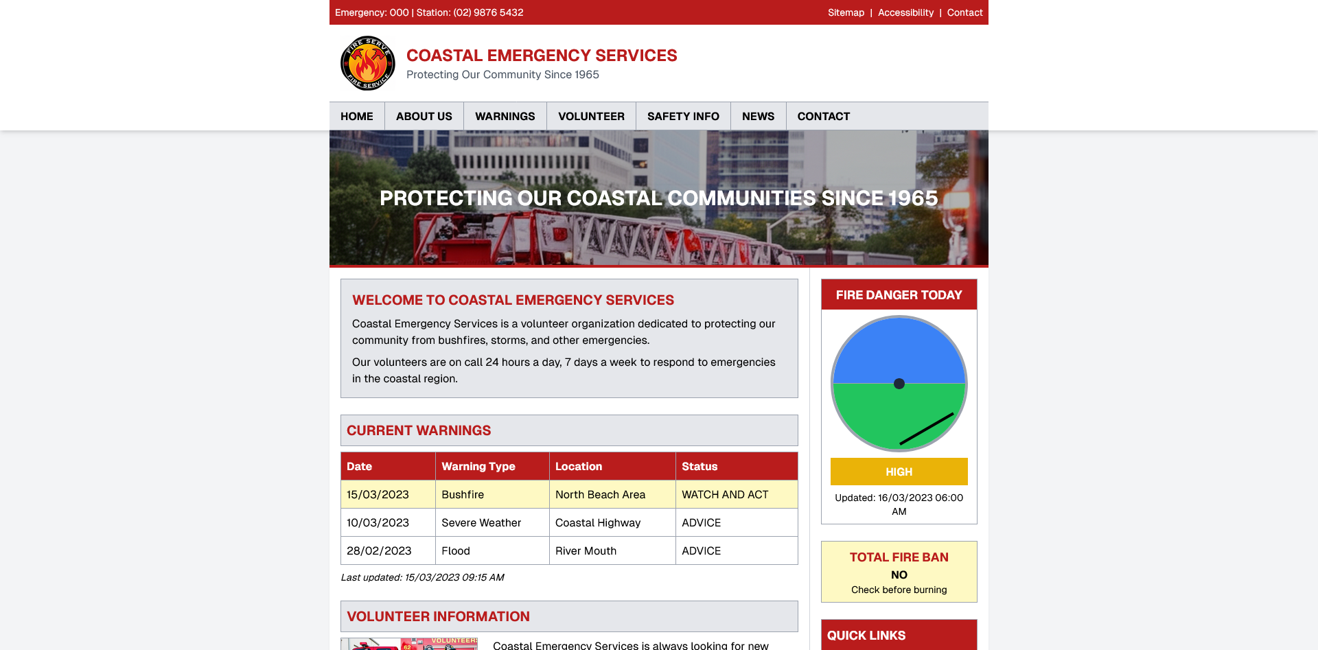 Original website design with emergency service visual language that created potential confusion with official government services