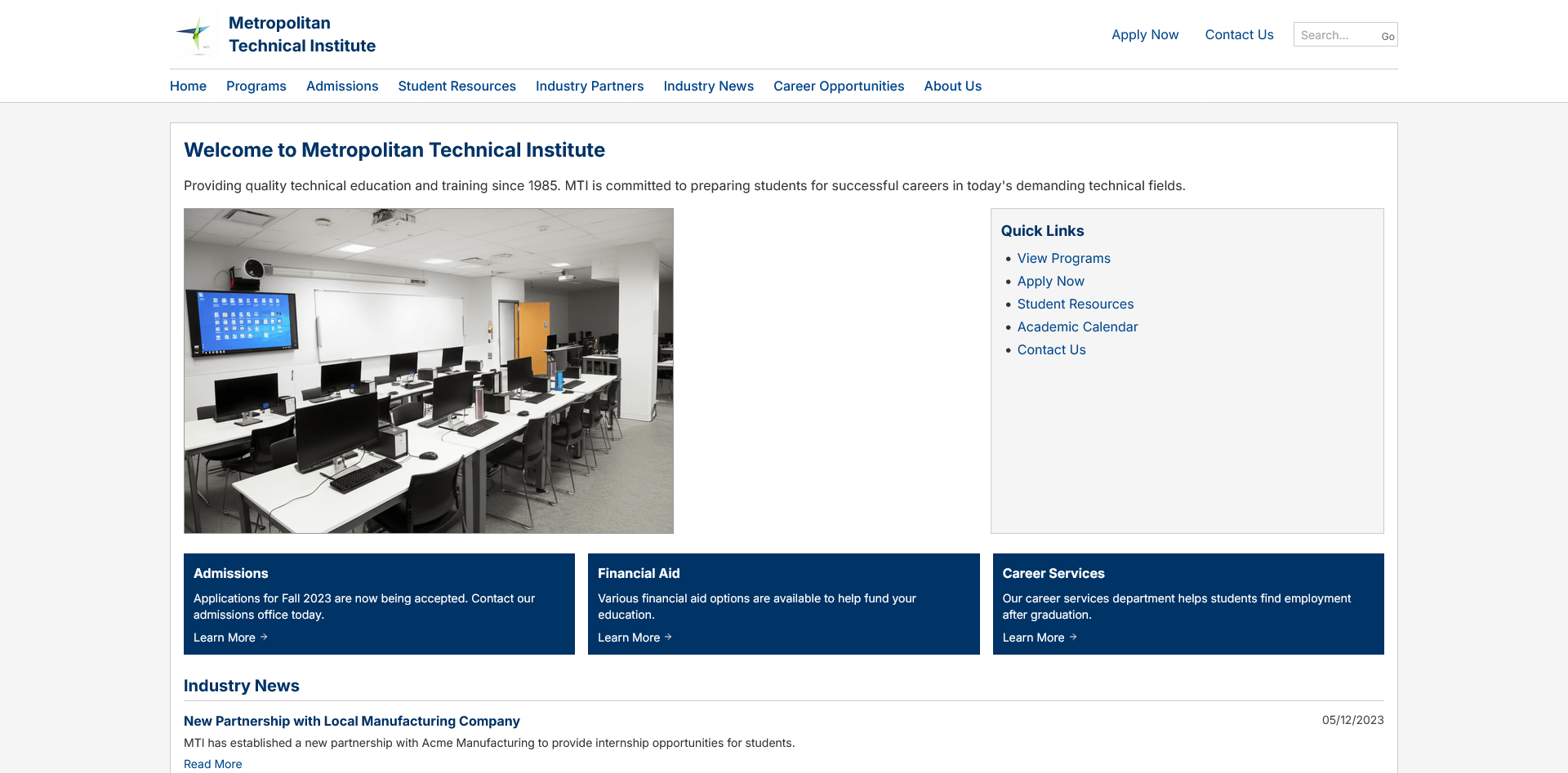 Original website under the Metropolitan Technical Institute name - Academic appearance with traditional security imagery and conventional enterprise design patterns