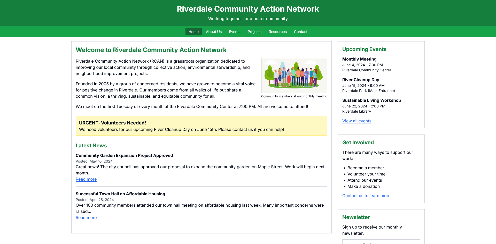 Website before the redesign - The original RCAN website lacked visual cohesion and clear pathways for community engagement.